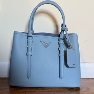Prada Powder Blue Astrale Saffiano Leather Bag with Double Handles 12x9x5 inches